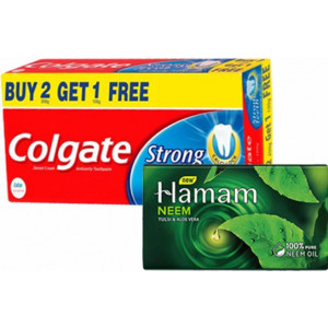 Colgate Strong Teeth Dental Cream Toothpaste 2x200GM & 1x100GM + Hamam Neem Soap 150GM (Combo)